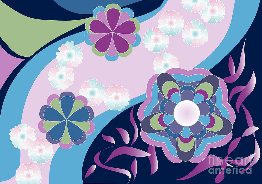 Kimono-Inspired Summer Flowers by the River Digital Art by Beverly Claire Kaiya