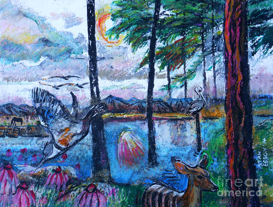 Kingfisher and Deer In Landscape Painting by Stan Esson