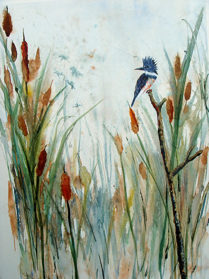 Kingfisher dragonflies and Cattails Painting by Susan Duda