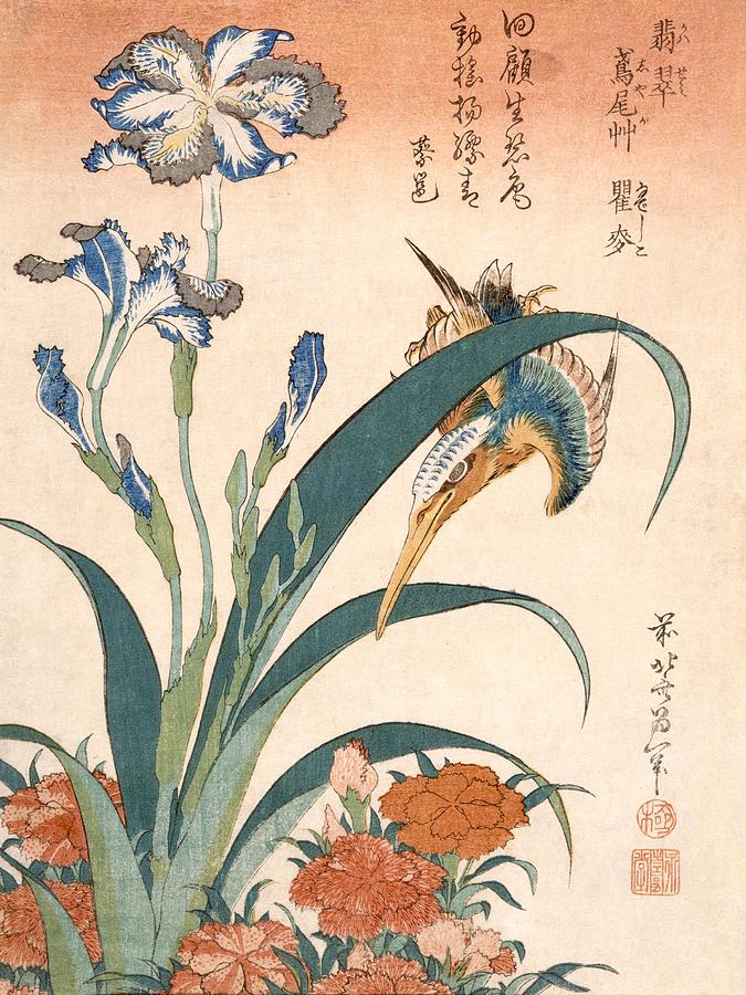 Flower Painting - Kingfisher, Irises And Pinks by Katsushika Hokusai