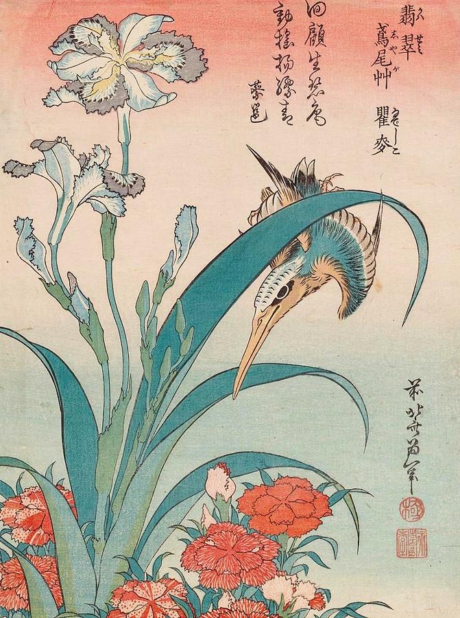 Hokusai Painting - Kingfisher with Iris and Wild Pinks by Katsushika Hokusai