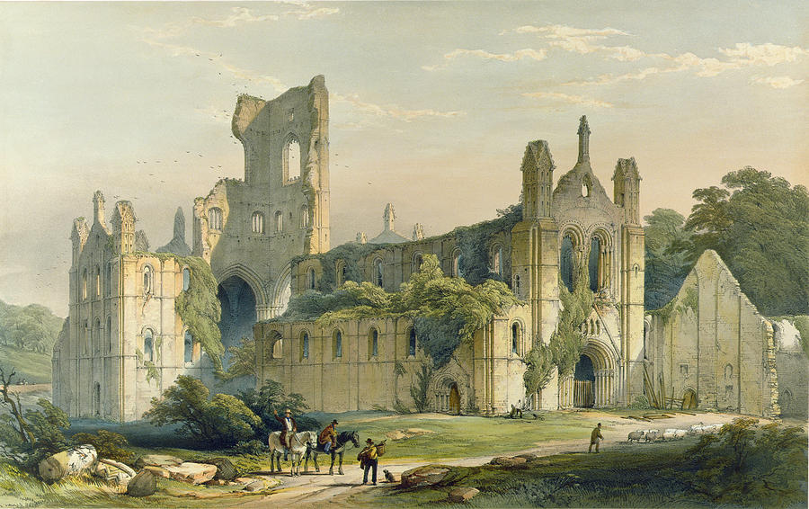 Romanesque Drawing - Kirkstall Abbey From The North West by William Richardson