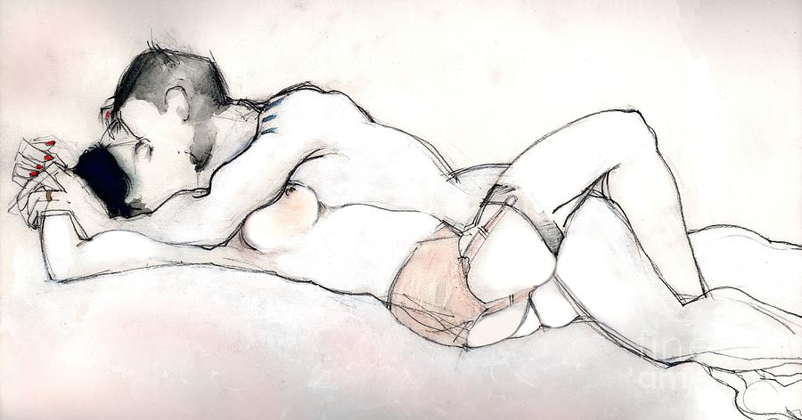 Kissing Mixed Media - Kissing - Nude Couple in Love by Carolyn Weltman