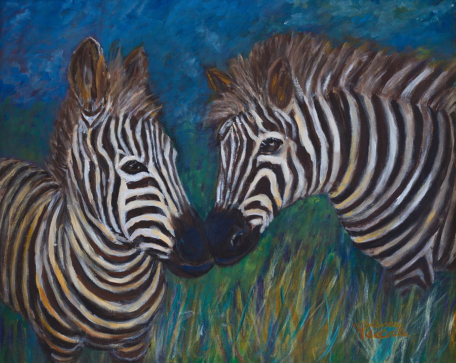 Zebra Painting - Kissing Zebras  by Yolanda DeCosta