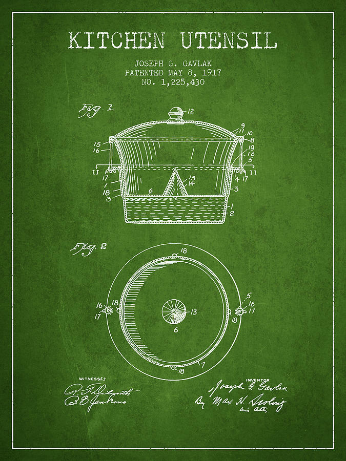 Vintage Digital Art - Kitchen Utensil patent from 1917 - Green by Aged Pixel