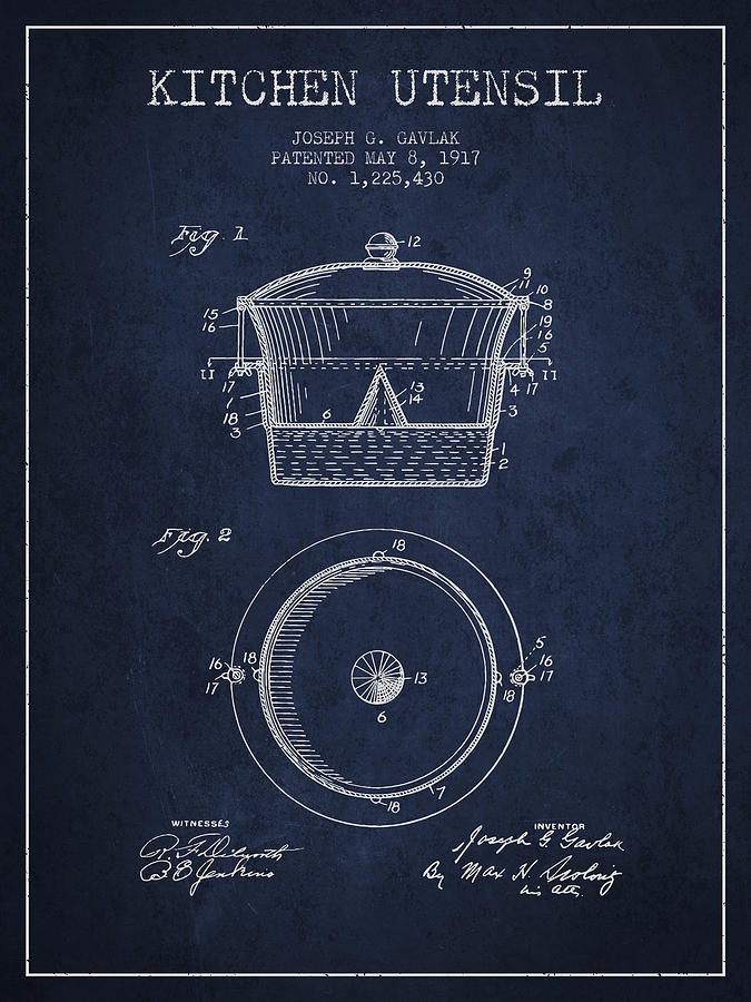 Vintage Digital Art - Kitchen Utensil patent from 1917 - Navy Blue by Aged Pixel