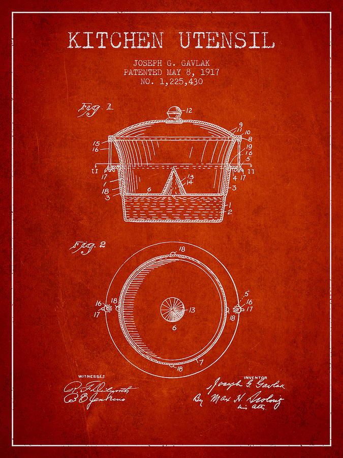 Vintage Digital Art - Kitchen Utensil patent from 1917 - Red by Aged Pixel