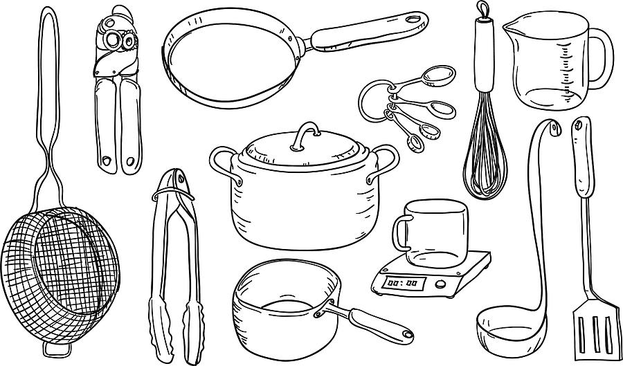 Kitchen utensils in black and white Drawing by LokFung
