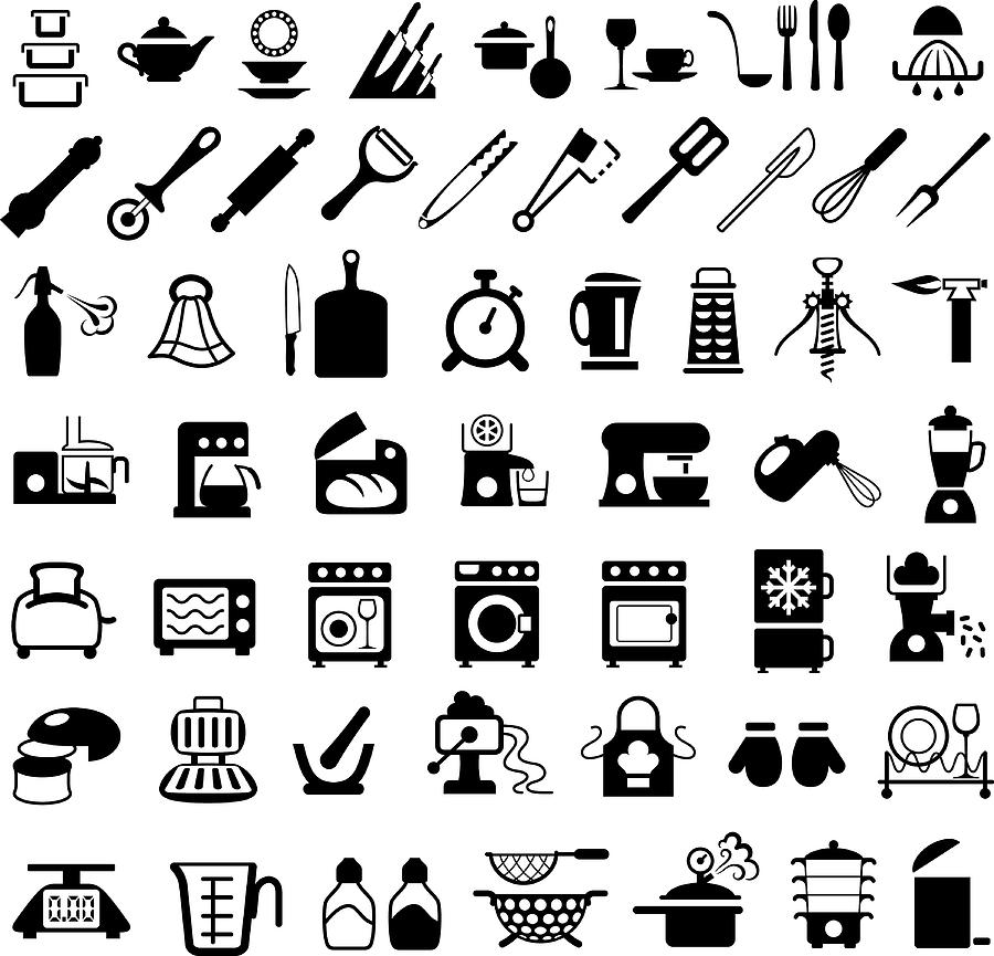 Kitchenware, Cooking Utensils and Appliances Icons Drawing by Vreemous