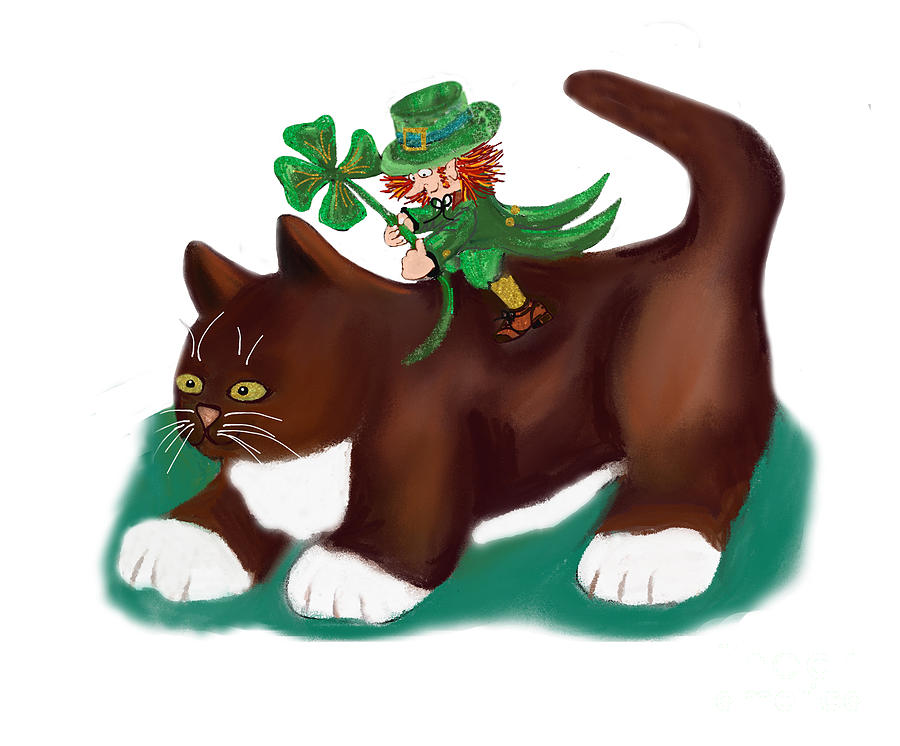 Spring Digital Art - Kitten Gives this Lucky Leprechaun a Ride by Ellen Miffitt
