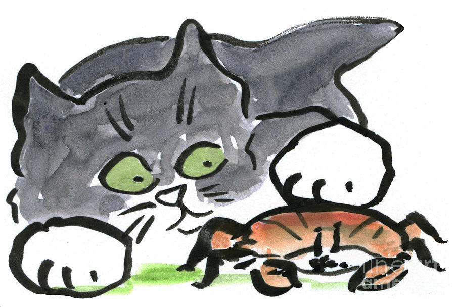 Kitten has found a Crab Painting by Ellen Miffitt