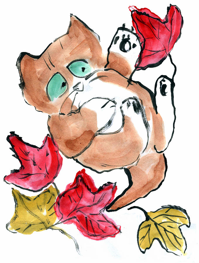 Kitten has Found Lots of Fall Leaves to Play With Painting by Ellen Miffitt
