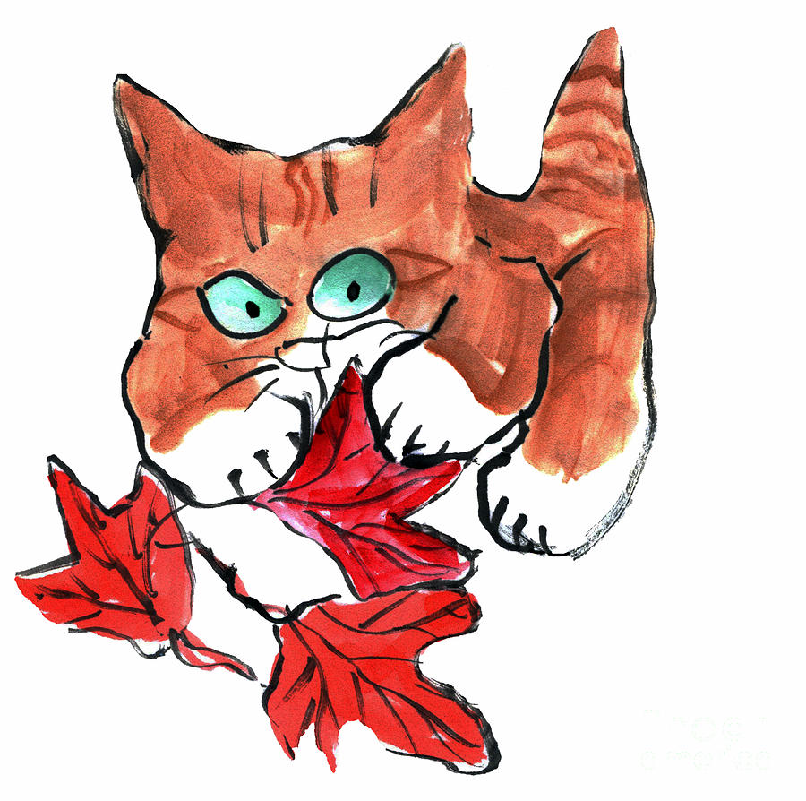 Kitten is Playing with three leaves Painting by Ellen Miffitt