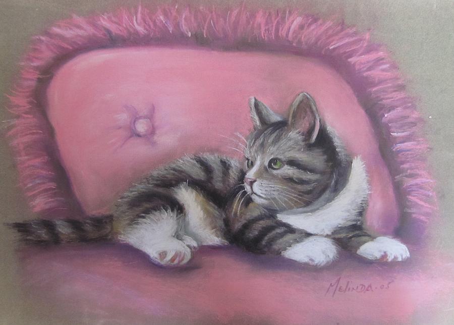 Kitten on Pink Pillow Painting by Melinda Saminski