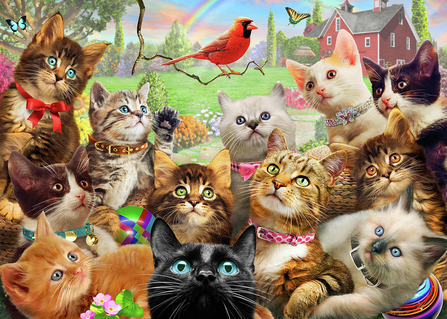 Cat Painting - Kittens And Bird Us by MGL Meiklejohn Graphics Licensing