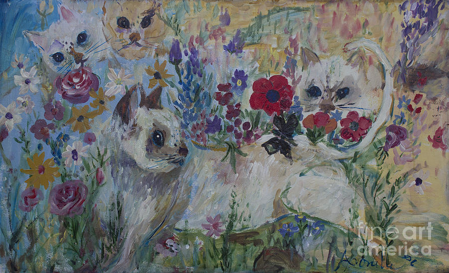 Cat Painting - Kittens in Wildflowers by Avonelle Kelsey