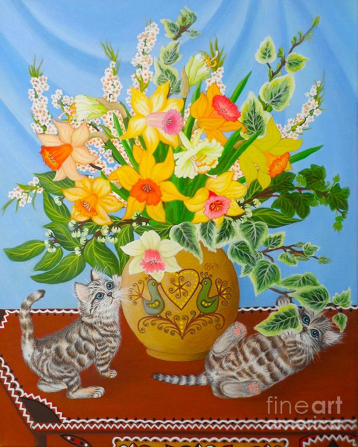 Flower Painting - Kittens On The Dowry Chest by Loreta Mickiene