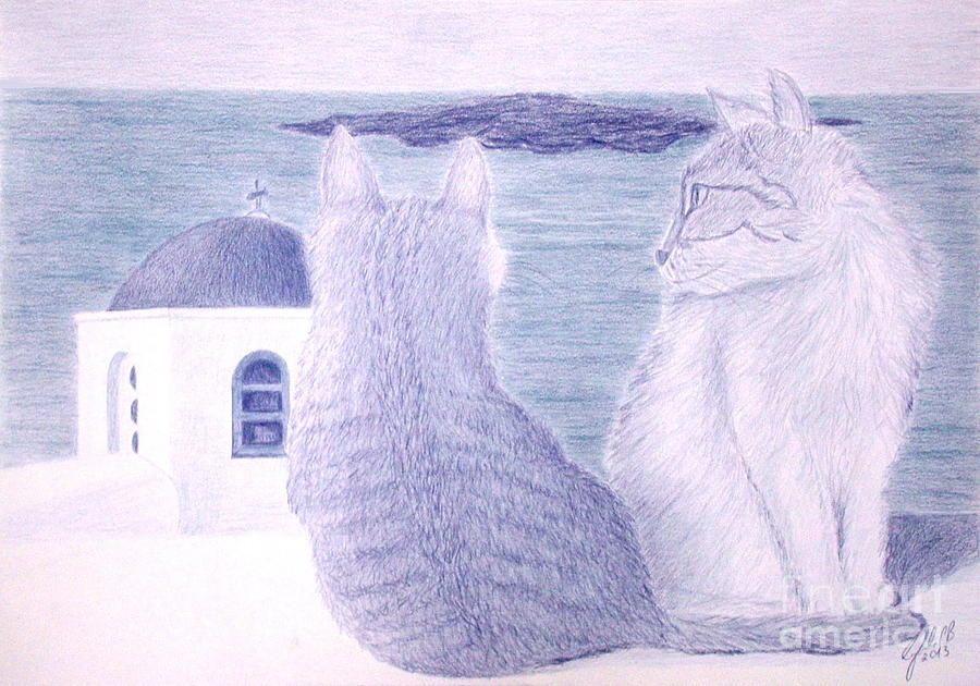 Kitties in Santorini Painting by Cybele Chaves