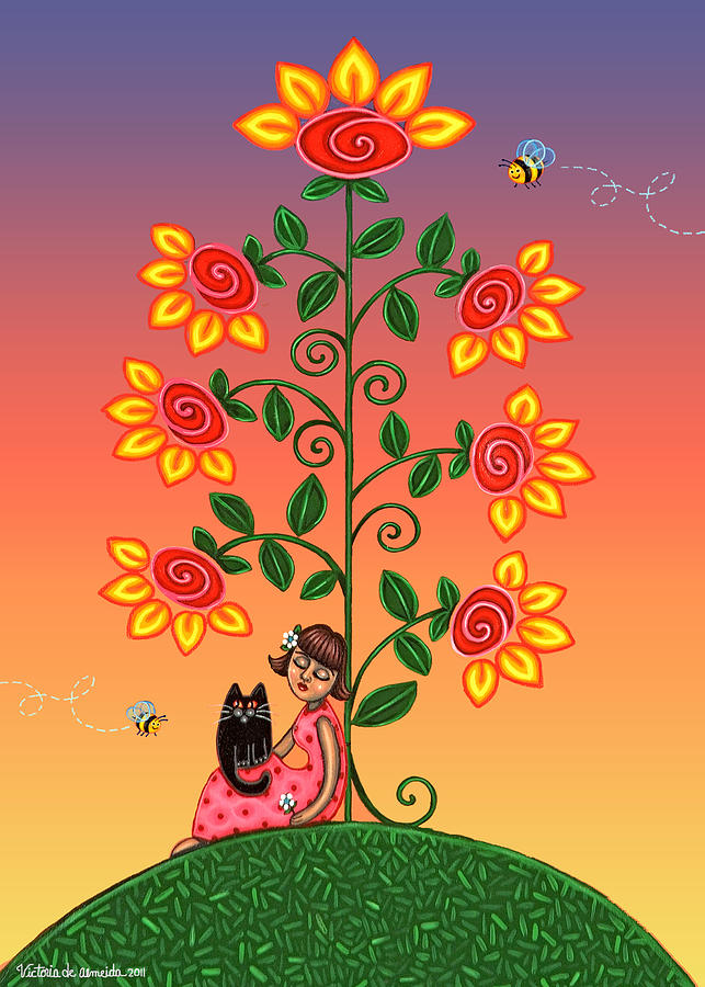 Kitty and Bumblebees Painting by Victoria De Almeida