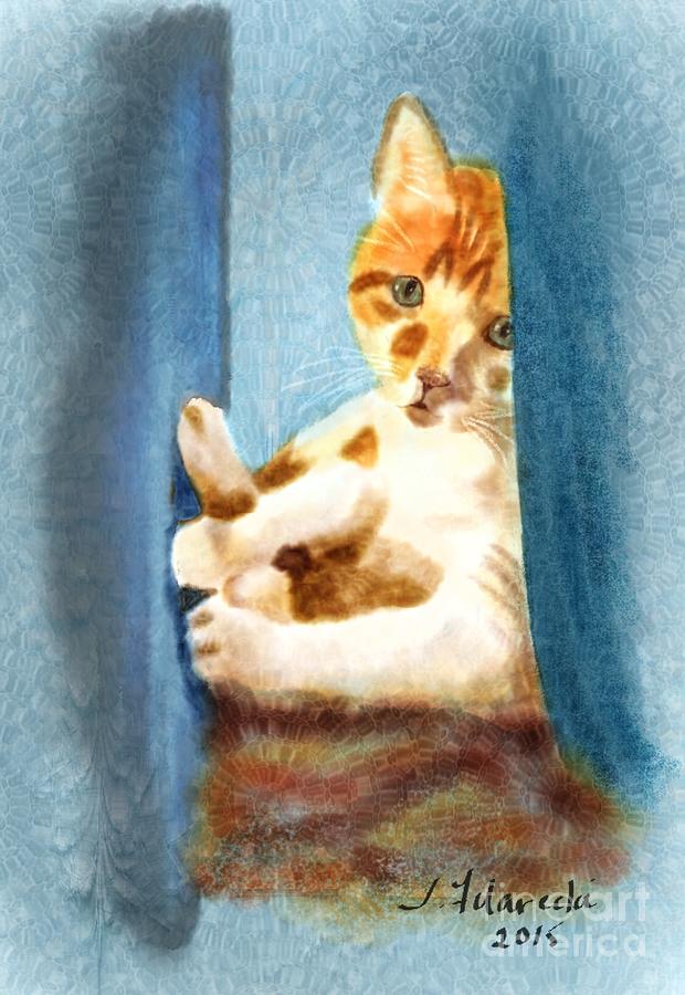 Digital Watercolor Painting - Kitty in a Corner by Judy Filarecki