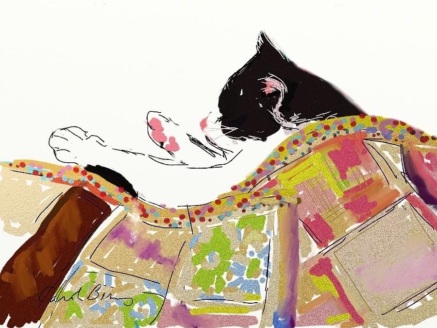 Kitty Sleeping Under Quilt Painting by Carol Berning