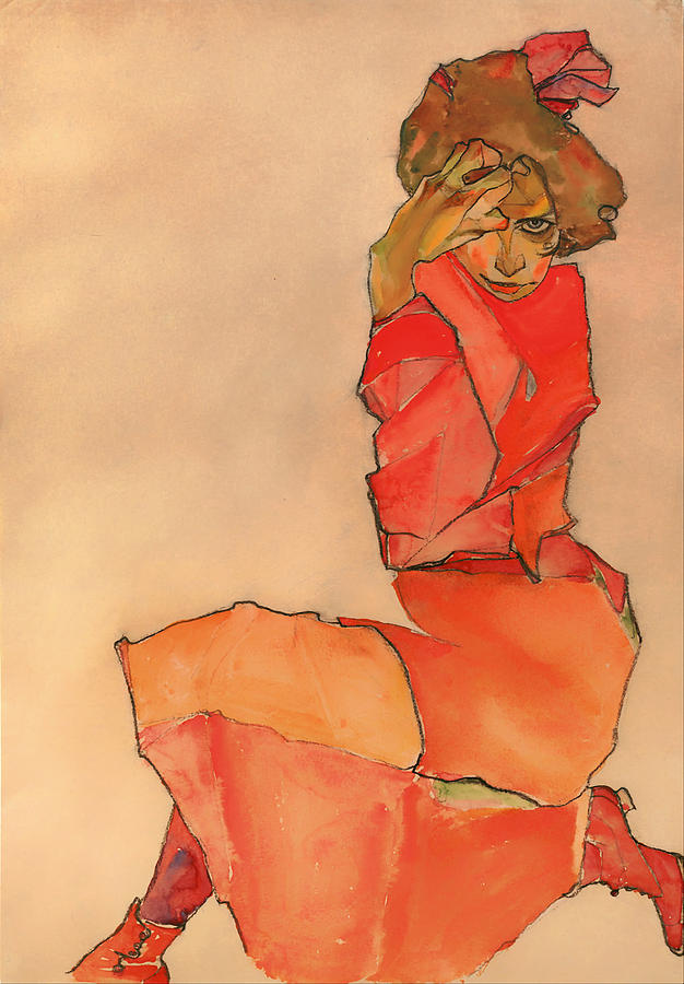 Vintage Painting - Kneeling Female in Orange-red Dress by Mountain Dreams