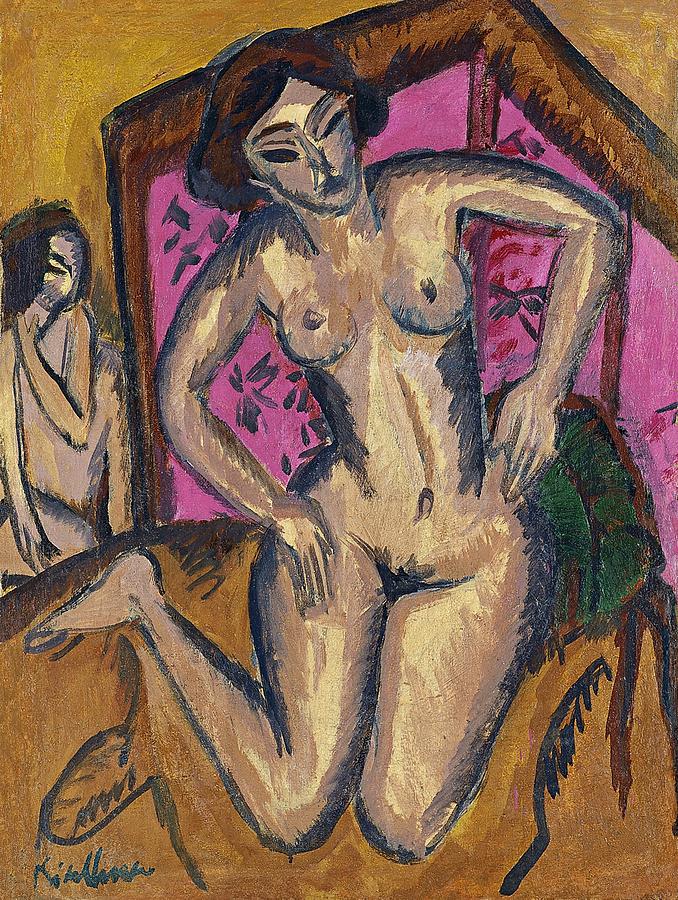 Kneeling Nude in front of Red Screen Painting by Ernst Ludwig Kirchner