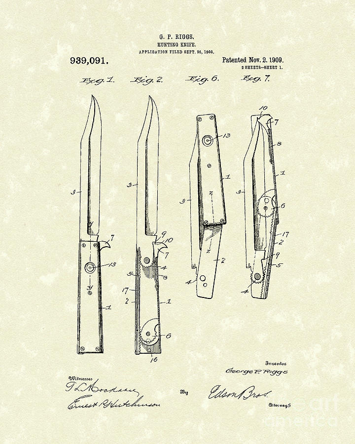 Knife 1909 Patent Art Drawing by Prior Art Design