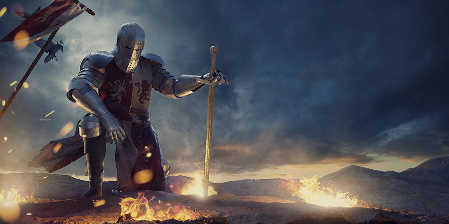 Knight in Amour Kneeling With Sword on Hilltop Near Fire Photograph by Peepo