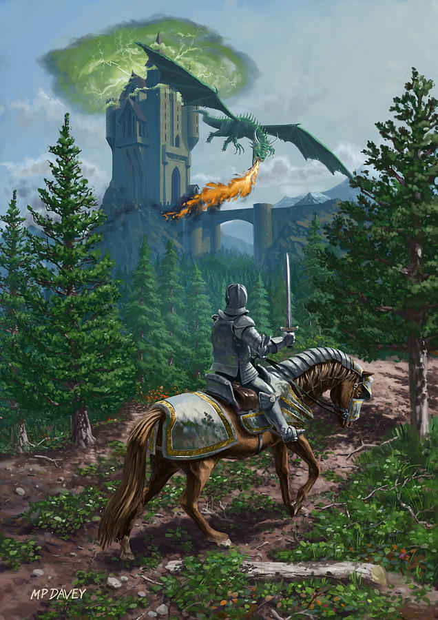 Knight on horseback approaching dragon guarded castle Digital Art by Martin Davey