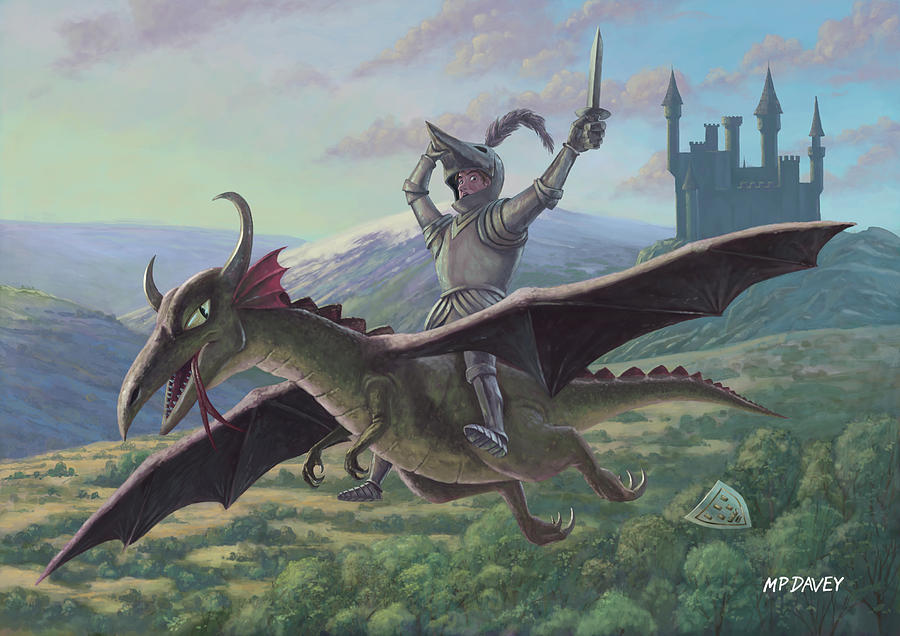 Knight Painting - Knight Riding On Flying Dragon by Martin Davey