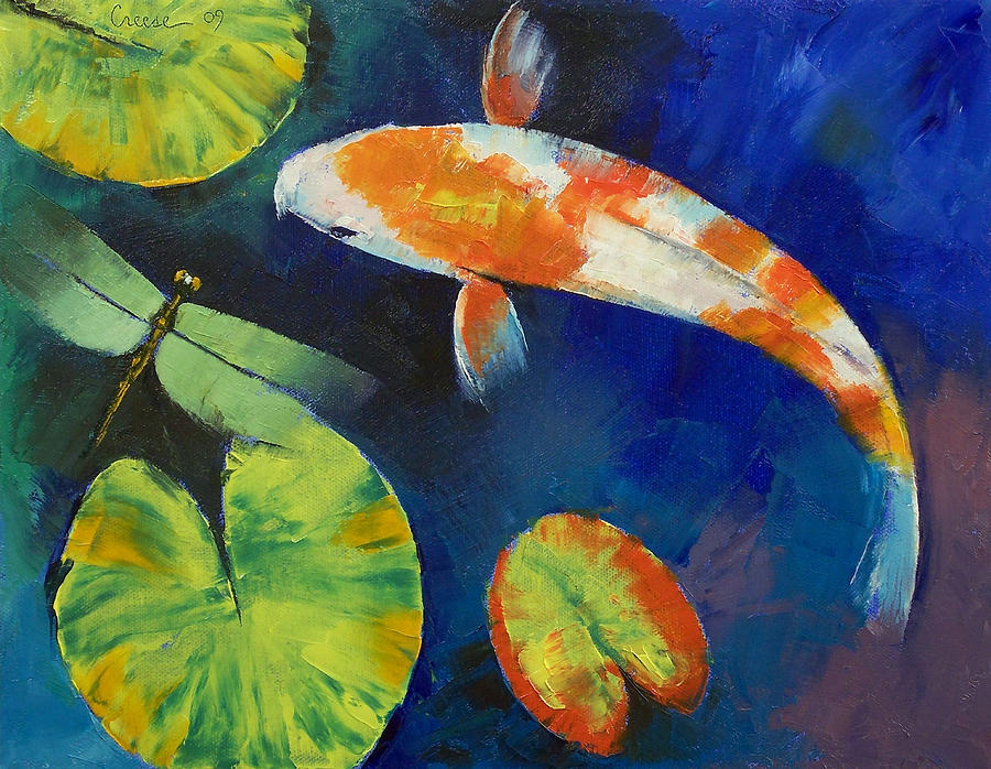Koi Painting - Kohaku Koi and Dragonfly by Michael Creese