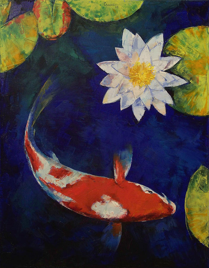 Koi Painting - Kohaku Koi and Water Lily by Michael Creese