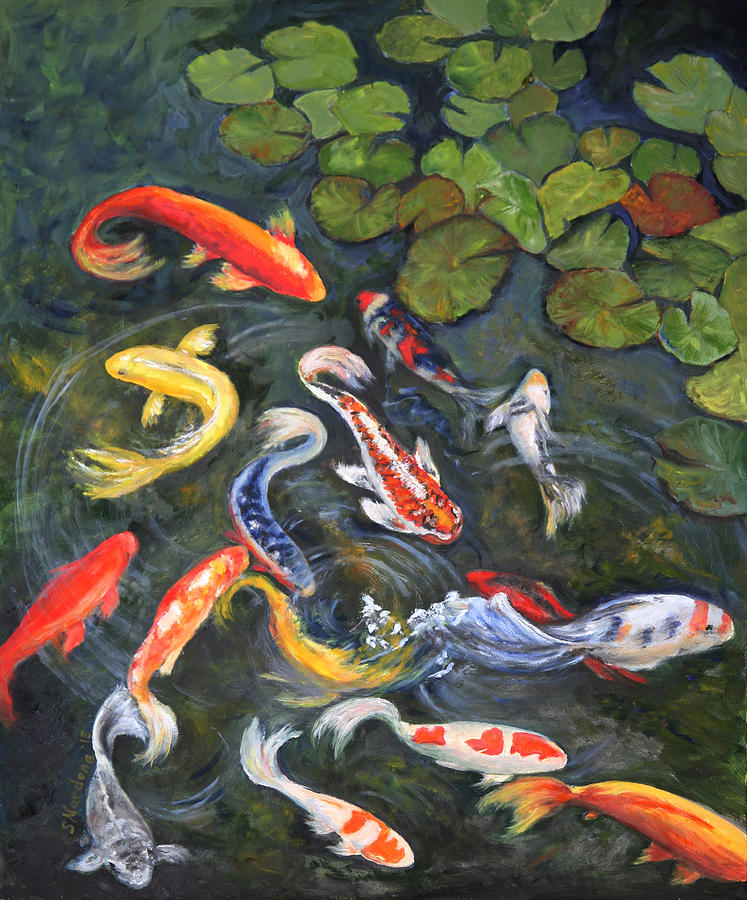 Koi Painting - Koi among the lily pads by Sandra Nardone