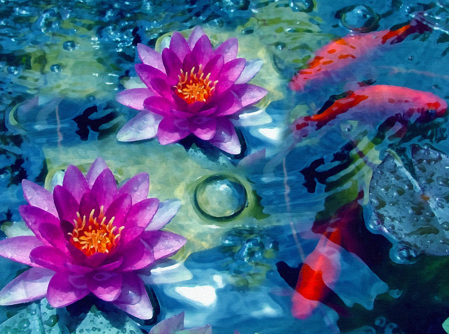Koi and The Water Lilies Mixed Media by Georgiana Romanovna