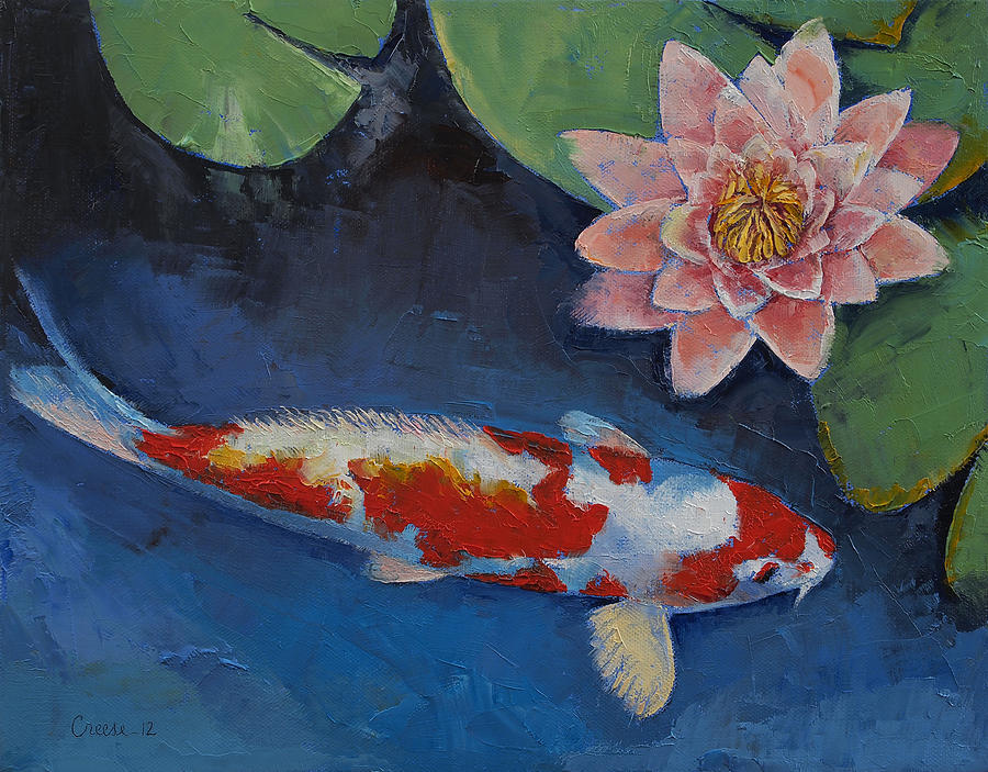 Koi Painting - Koi and Water Lily by Michael Creese