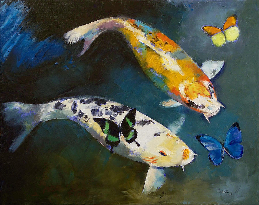 Butterfly Painting - Koi Fish and Butterflies by Michael Creese