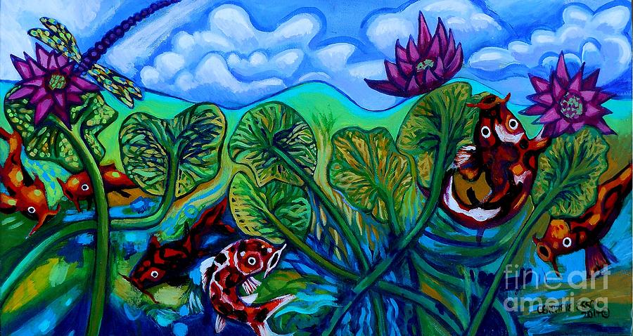 Koi Fish and Water Lilies With Dragonfly Painting by Genevieve Esson