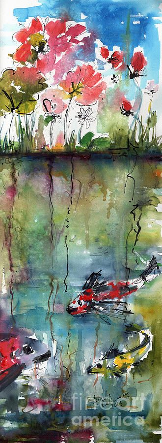 Koi Fish Pond Expressive Watercolor and Ink Painting by Ginette Callaway