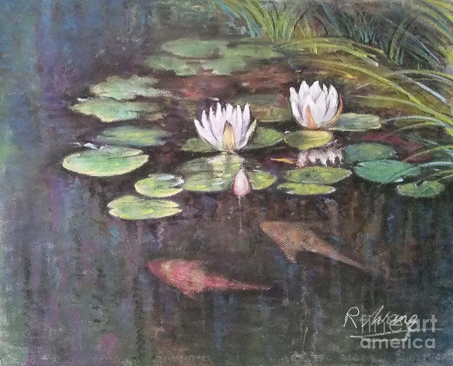 White Flower Painting - Koi Pond by Rose Wang