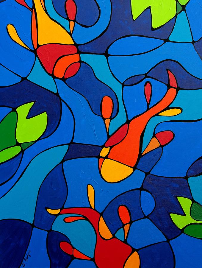 Koi Joi - Blue And Red Fish Print Painting by Sharon Cummings