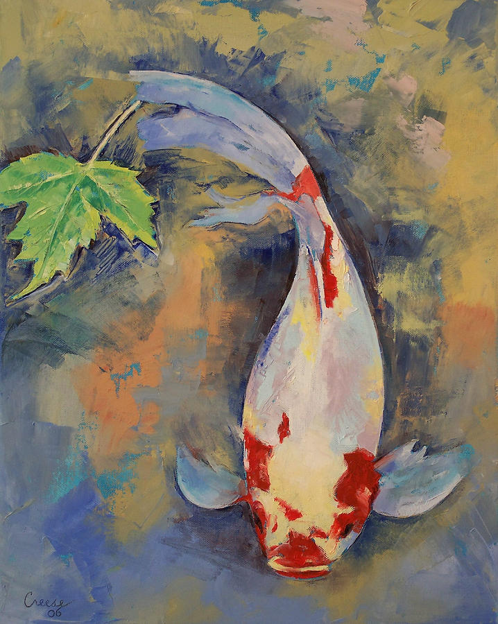 Koi with Japanese Maple Leaf Painting by Michael Creese