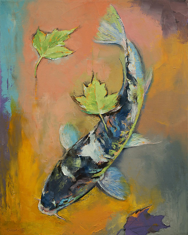 Koi with Japanese Maple Leaves Painting by Michael Creese