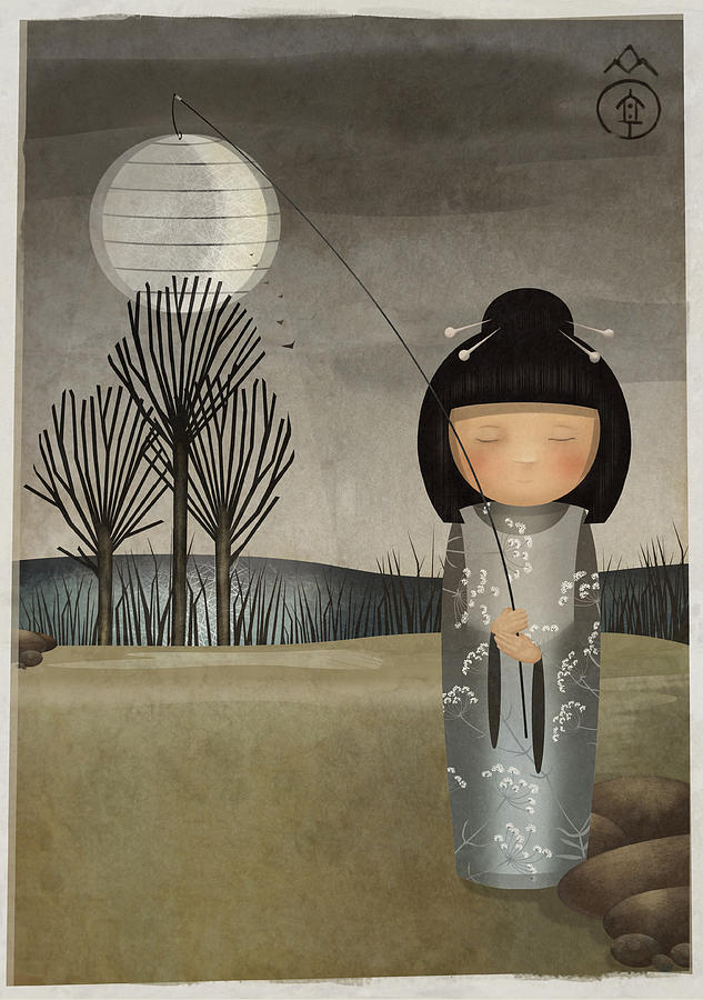 Japanese Digital Art - Kokeshi Dream About the Moon by Patrycja Wrobel