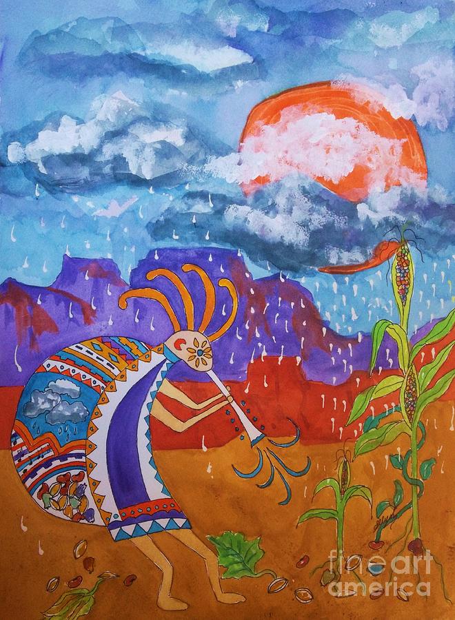 Kokopelli Bringing The Rains Painting by Ellen Levinson