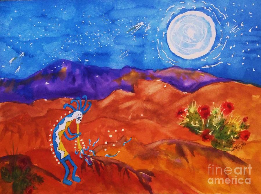 Mountain Painting - Kokopelli Playing To The Moon by Ellen Levinson