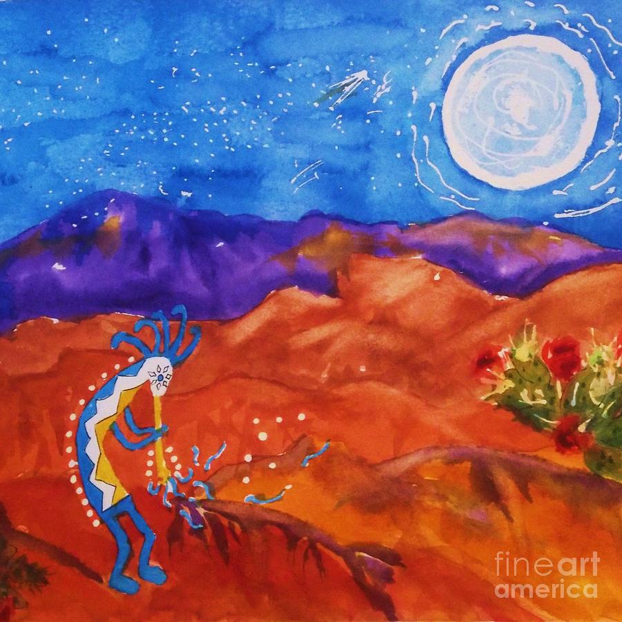 Kokopelli Playing To The Moon Square Painting by Ellen Levinson