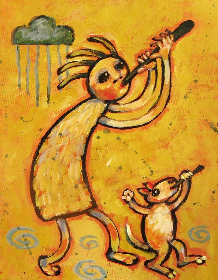 Kokopelli with Musical Dog Painting by Carol Suzanne Niebuhr