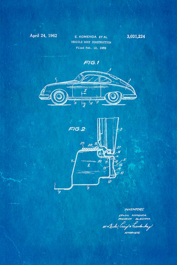 Appliance Photograph - Komenda Porsche Body Construction Patent Art 1962 Blueprint by Ian Monk