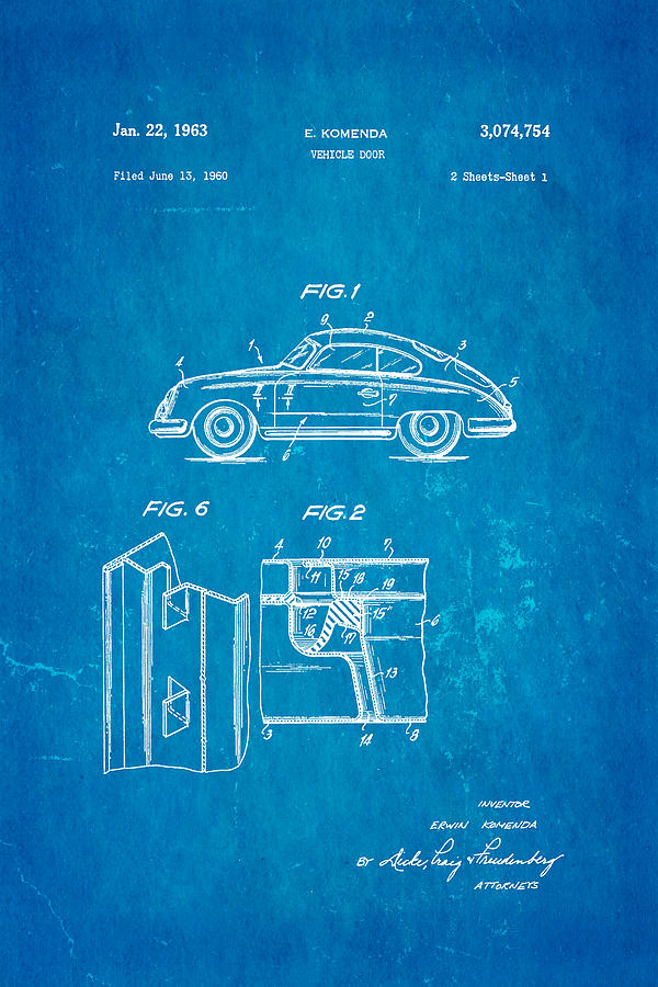 Automotive Photograph - Komenda Porsche Vehicle Door Design Patent Art 1963 Blueprint by Ian Monk Automotive Photograph - Komenda Porsche Vehicle Door Design Patent Art 1963 Blueprint by Ian Monk